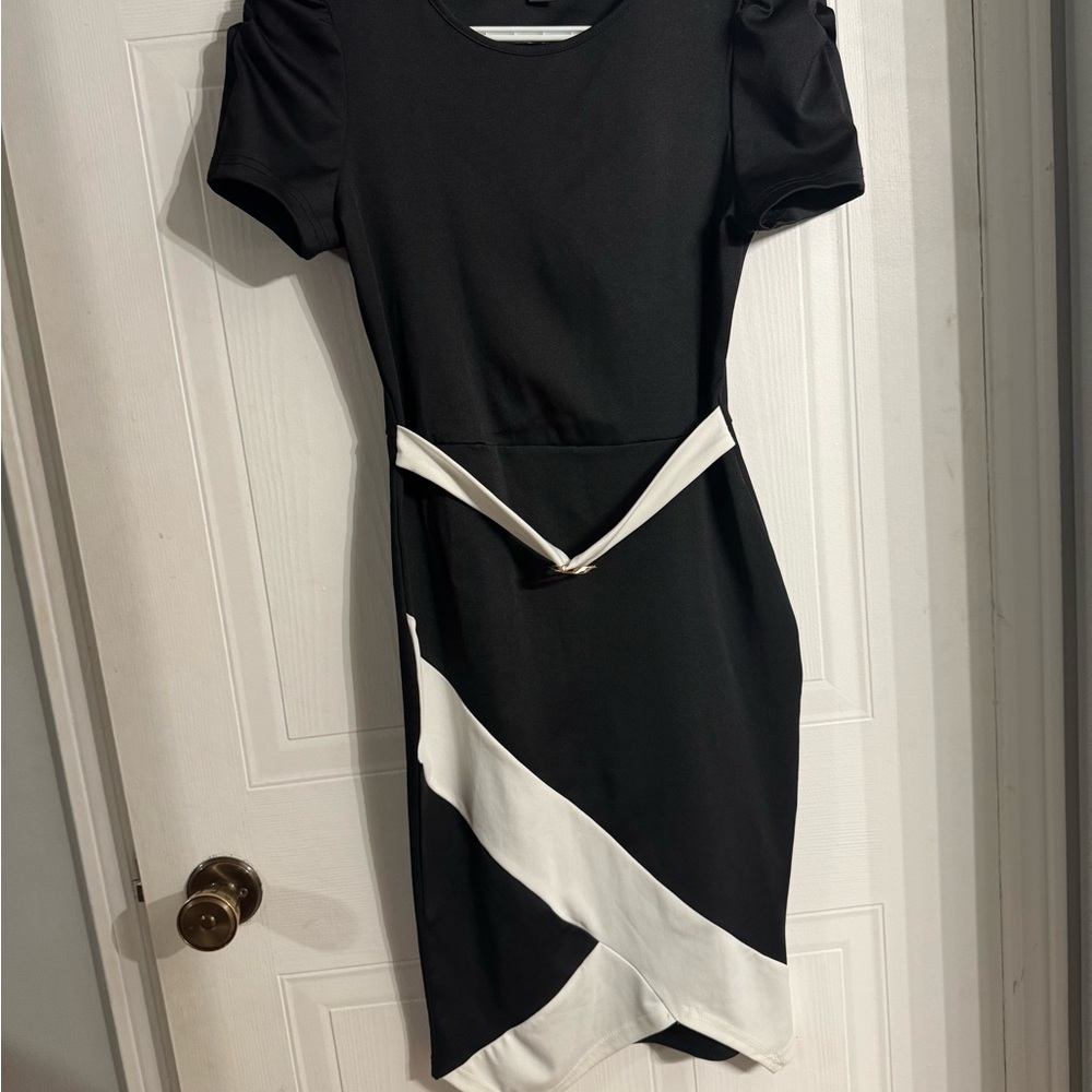 Black and White Asymmetrical Puff Sleeve Dress